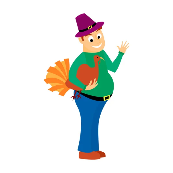 L'homme heureux épais tient dans une main la dinde est un Thanksgiving de vacances. isolé sur fond blanc — Image vectorielle