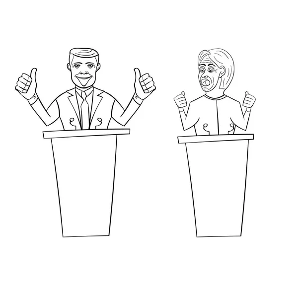 美国国会议员男人和一个女人的风格，卡通站在讲台后面 — 图库矢量图片
