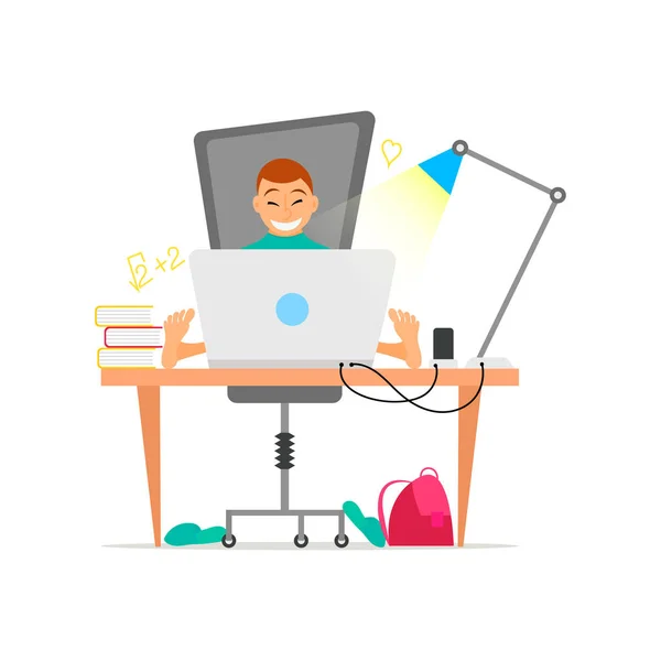 Young boy working on laptop computer concept — Stock Vector