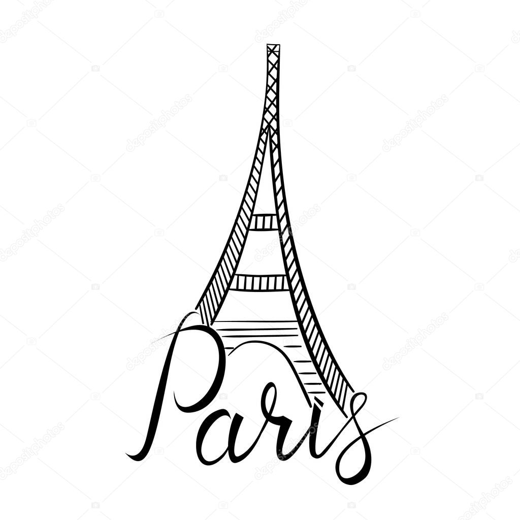 Paris word with eiffel tower. Paris. Ink hand lettering. Modern brush calligraphy. Handwritten phrase.