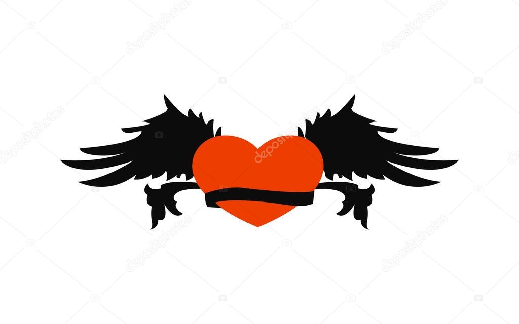 Retro heart with wings and ribbon for tattoo design. Logo heart with wings and ribbon.