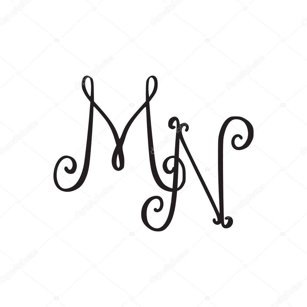 Handwritten monogram MN icon, logo with swirls isolated on white background