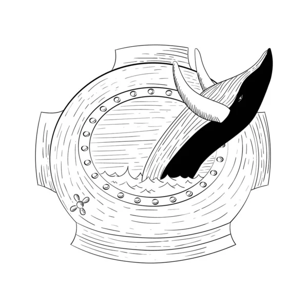 Ilustración redonda dibujada a mano de vector de ballena azul. Ballena en el concepto de diseño bathyscaphe salvar a los mamíferos. estilo retro — Archivo Imágenes Vectoriales