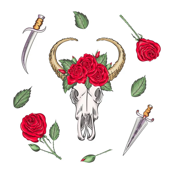 Boheemse vector westerse mystieke os schedel, print roos bloemen en messen. buffel boheemse kop, westers vintage dier. — Stockvector