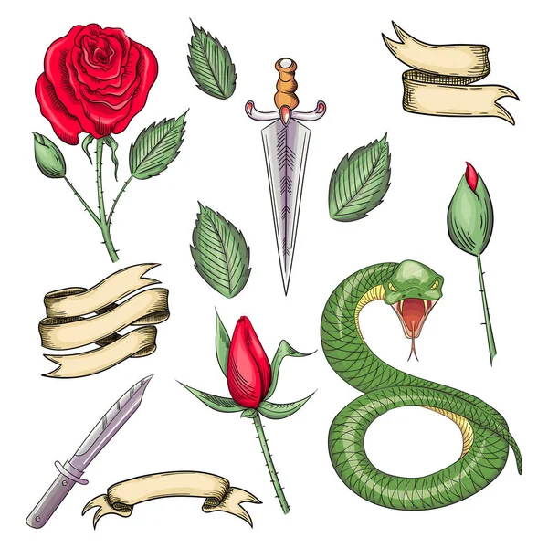 Set di elementi per tatuaggi o adesivi, stampe in stile old school — Vettoriale Stock