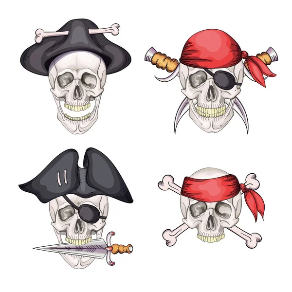 有危险的海盗骷髅，镶嵌在俗套中，戴着纹身或T恤衫图案的帽子. — 图库矢量图片