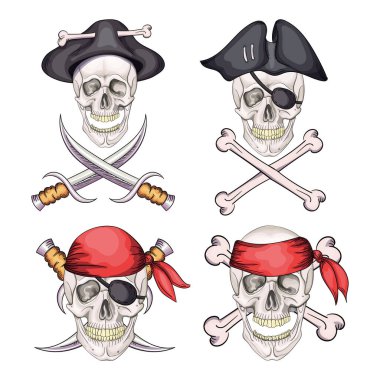 Bandanaya yerleştirilmiş tehlikeli korsan kafatası ve dövme veya tişört tasarımı için şapka.