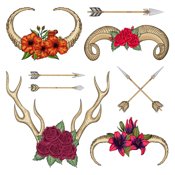 Collection of horns of wild animals with flowers and arrows swestern mystical bohemian — Stock Vector