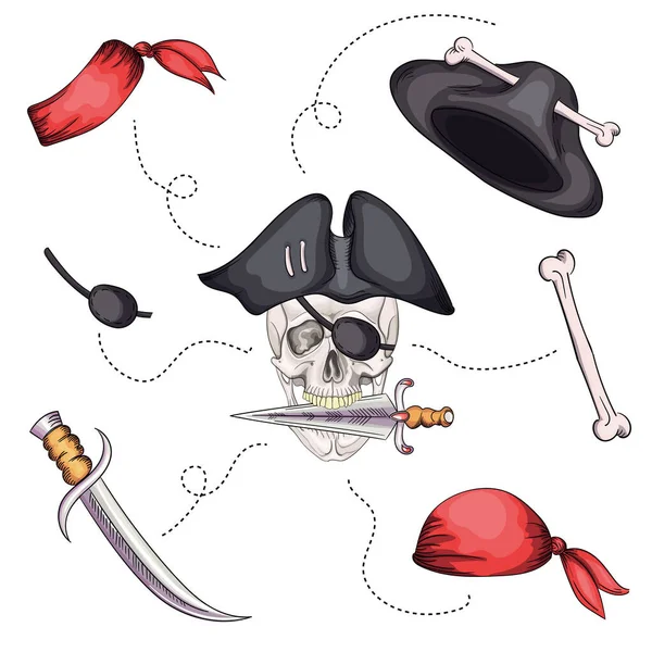 骷髅和军刀海盗徽章。卡通图标集 — 图库矢量图片