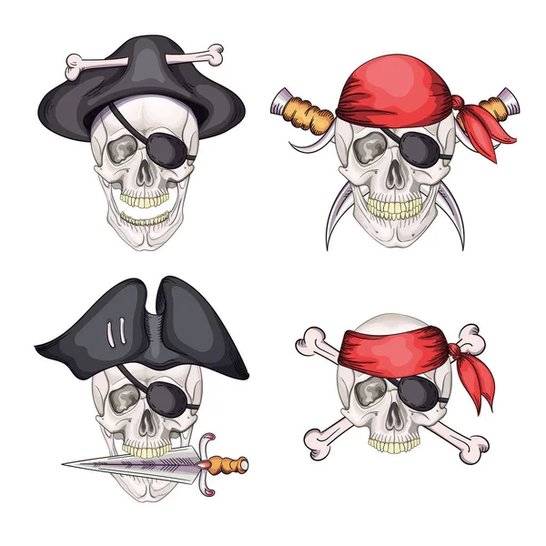 骷髅和军刀海盗徽章。卡通图标集 — 图库矢量图片