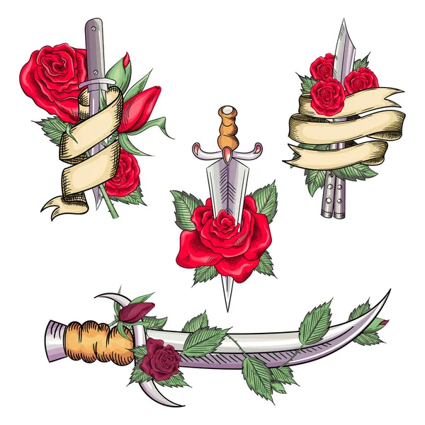 Tradicional conjunto de tatuaje con flores de rosa y cuchillo de la daga . — Vector de stock