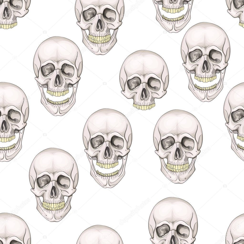 seamless pattern skulls. Hand painted mystic emblem. Halloweens night. Horror.
