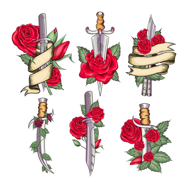 Tatuagem de conjunto tradicional com flores de rosa e faca de punhal . — Vetor de Stock