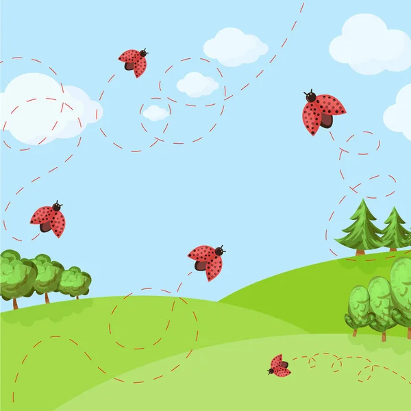 Весенний фон с божьей коровкой на поле и голубым небом. векторная иллюстрация для баннера или обложки — стоковый вектор
