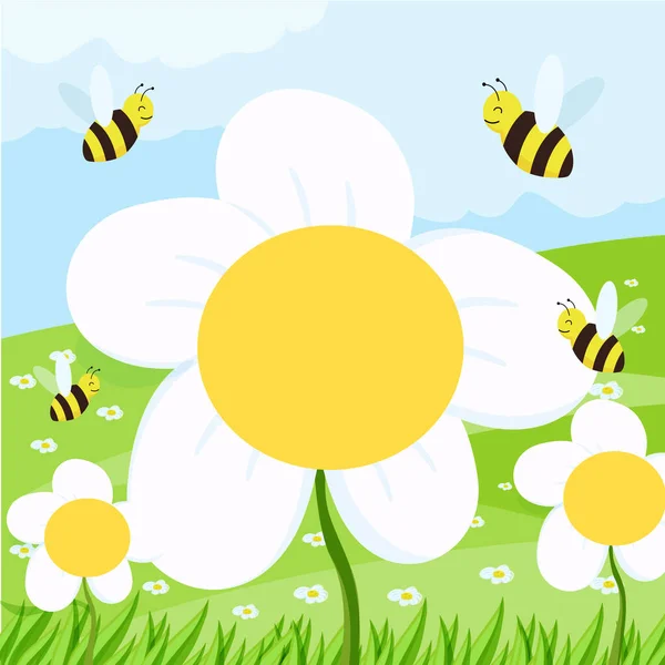 Fondo de primavera con margaritas en el campo y el cielo azul. ilustración vectorial para un banner o portada — Vector de stock