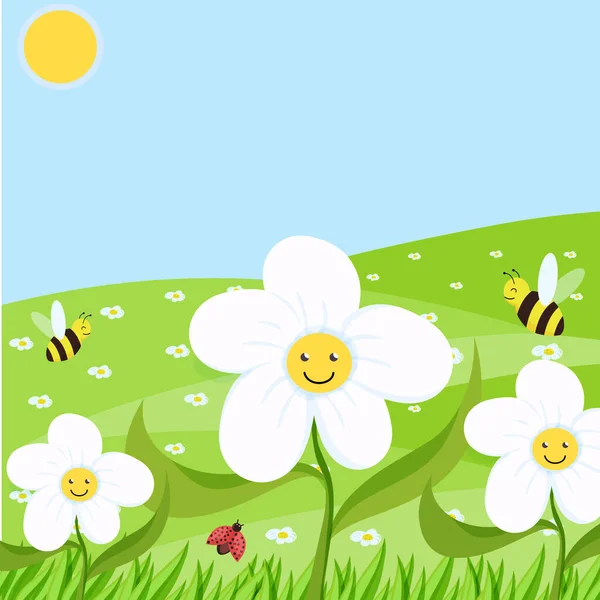 Fondo de primavera con margaritas en el campo y el cielo azul. ilustración vectorial para un banner o portada — Vector de stock