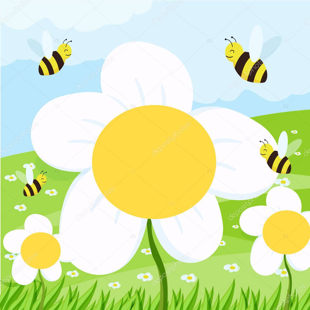 spring background with daisies on the field and blue sky. vector illustration for a banner or cover