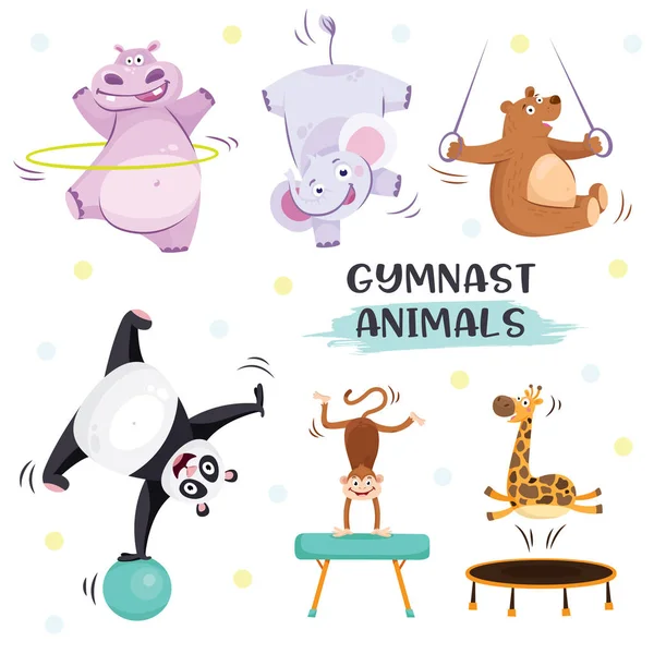 Animales lindos en posiciones gimnásticas deportivas. Iconos planos Sportsman aislados sobre fondo blanco. Ilustración infantil — Vector de stock