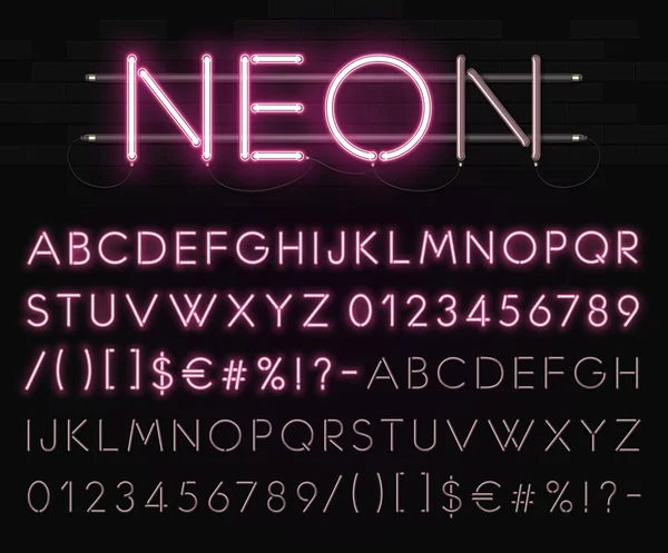 Realistisches Neon-Alphabet auf einem Hintergrund aus schwarzem Backstein. hell leuchtende Schrift. Vektorformat — Stockvektor