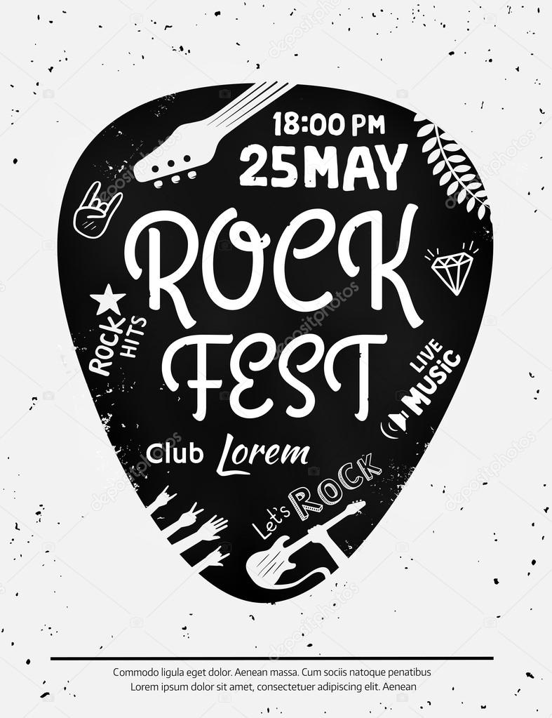 Vintage rock festival poster with Rock and Roll icons on grunge background. Vector format