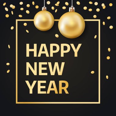 Mutlu yeni yıl 2017 metin, altın konfeti ve Noel topları için yer ile vektör çizim.