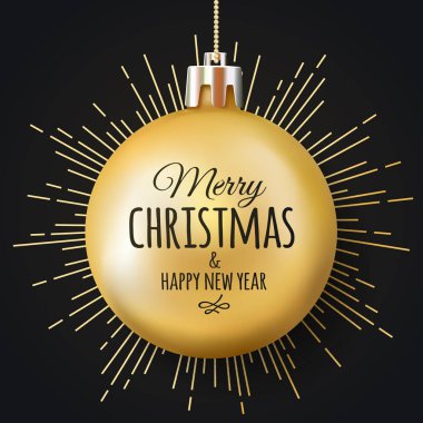 Mutlu Noeller ve mutlu yeni yıl tebrik kartı. Altın Noel topları. Xmas altın bir Noel top tipografik kitabe. Vektör çizim
