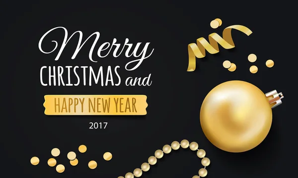Ilustração vetorial do Feliz Ano Novo 2017, Feliz Natal com lugar para texto, confetes dourados e bolas de Natal . —  Vetores de Stock