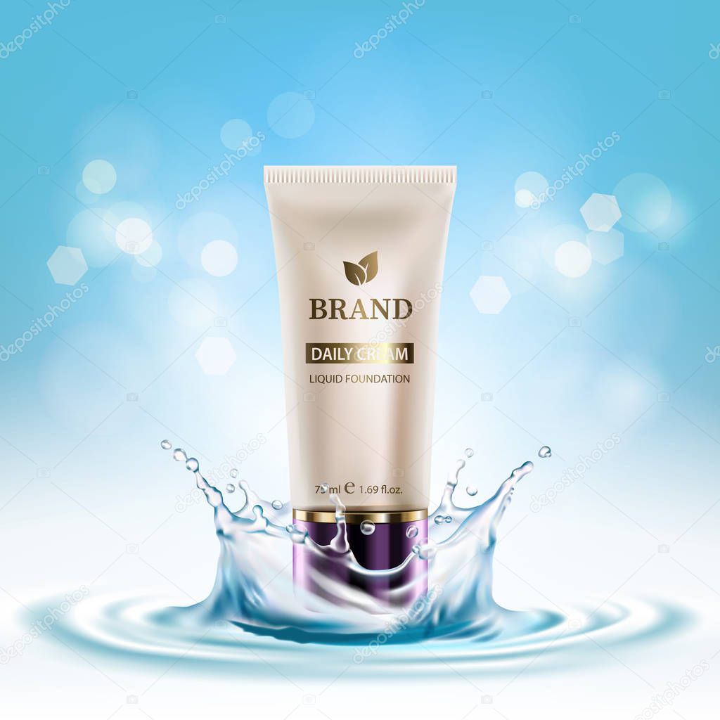 Cosmetics product on background of water splash and light blue bokeh. Vector illustration EPS10