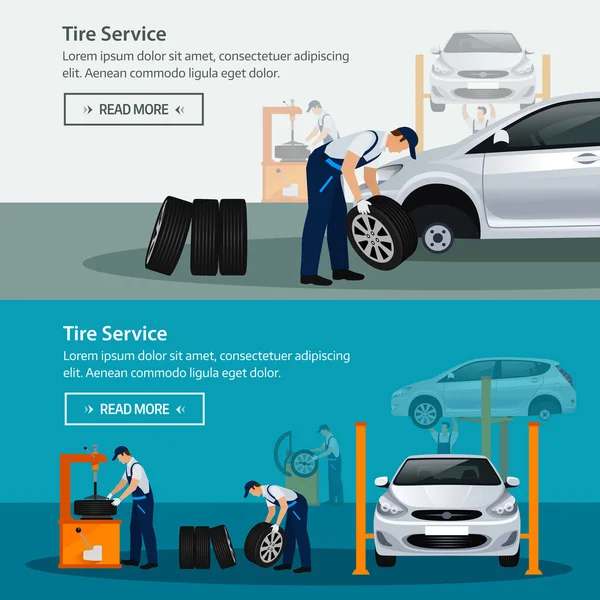 Service de réparation de voiture, bannière horizontale plate, différents travailleurs dans le processus de réparation de la voiture, service de pneus, diagnostics, pièces de rechange de rechange. Illustration vectorielle — Image vectorielle