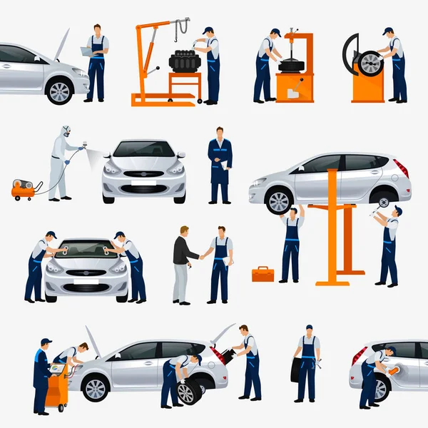 Icônes plates service de réparation de voiture, différents travailleurs dans le processus de réparation de la voiture, service de pneus, diagnostics, peinture de véhicule, pièces de rechange de remplacement de fenêtre. Illustration vectorielle — Image vectorielle