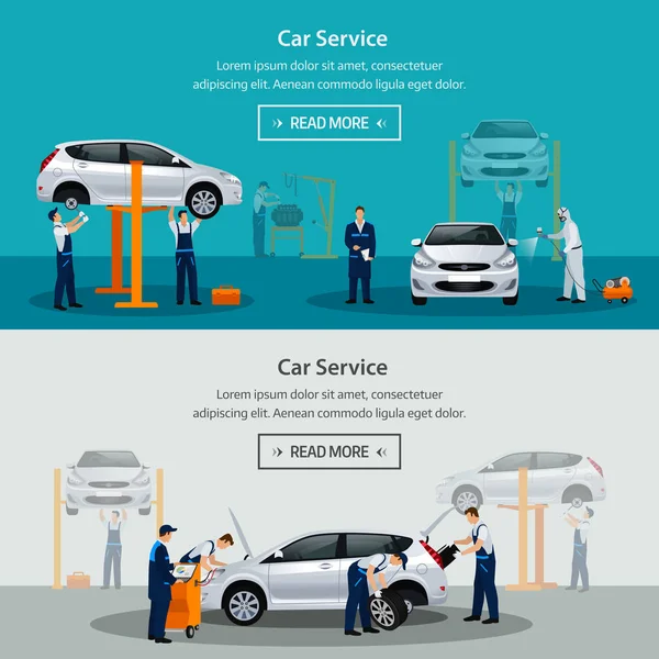 Layanan perbaikan mobil, spanduk horizontal datar, pekerja yang berbeda dalam proses perbaikan mobil, layanan ban, diagnostik, lukisan kendaraan, penggantian bagian jendela. Ilustrasi vektor - Stok Vektor