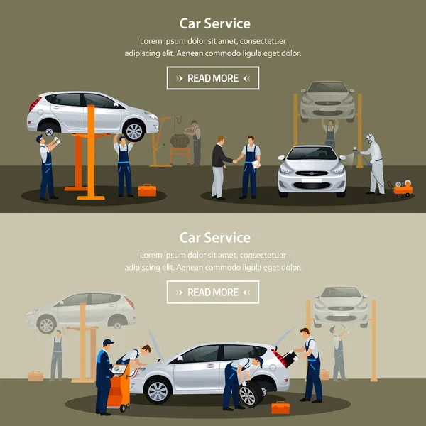 Layanan perbaikan mobil, spanduk horizontal datar, pekerja yang berbeda dalam proses perbaikan mobil, layanan ban, diagnostik, lukisan kendaraan, penggantian bagian jendela. Ilustrasi vektor - Stok Vektor