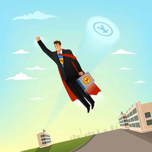 Personaje de hombre de negocios en traje de negocios y con maletín volando por el cielo como superhéroe. Ilustración empresarial — Archivo Imágenes Vectoriales