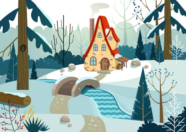 Foresta invernale con una casa e un ponte sul fiume. Casa circondata da alberi e neve. Illustrazione vettoriale piatto . — Vettoriale Stock