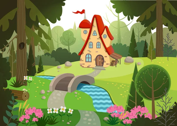 Floresta de contos de fadas com uma casa e uma ponte sobre o rio. Casa rodeada de árvores e rios. Ilustração vetorial plana . —  Vetores de Stock