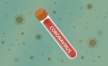 Coronavirus 2019-nc0v. Virüs, bakteri ve mikroorganizma arkaplanlarına karşı test tüpü etiketli koronavirüs. Düz vektör illüstrasyonu