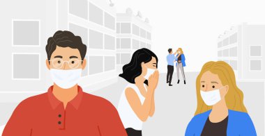 Coronavirus 2019-nc0v, Covid-19, Wuhan Roman. Koruyucu tıbbi maskeli insanlar. Düz vektör illüstrasyonu