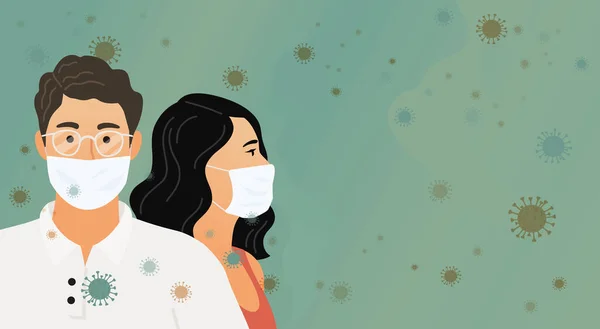Coronavirus. 2019-nc0v. Covid-19. Wuhan Roman. Koruyucu tıbbi maskeli kadın ve erkek virüs, bakteri ve mikroorganizma geçmişine karşı. Düz vektör illüstrasyonu
