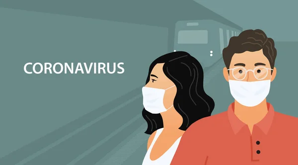 Coronavirus 2019-nc0v, Covid-19, Wuhan Novel. Mensen in de metro met beschermende medische maskers. Platte vectorillustratie — Stockvector