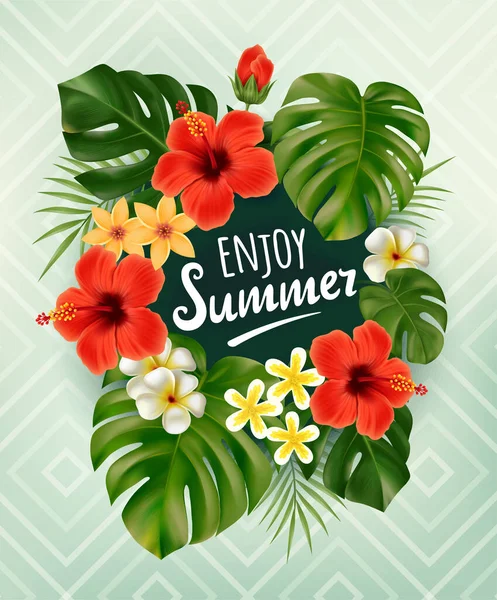 여름 포스터에는 열 대 야자나무 잎 과 글씨체로 된 꽃 이 있다. 열 대 지방의 여름 풍경. 벡터 일러스트 — 스톡 벡터