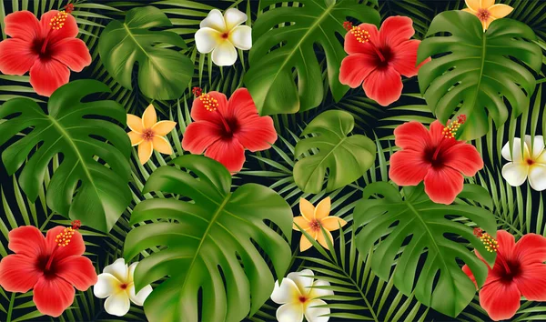 Fondo tropical de verano. Flores tropicales y hojas de monstera, hojas de palmeras de plantas tropicales aisladas sobre fondo negro. Ilustración vectorial EPS10 — Vector de stock