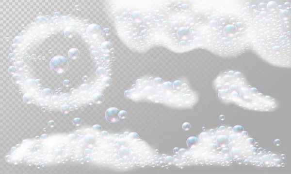 Espuma de sabão realista com bolhas. Moldura de espuma de sabão. Conjunto ilustração vetorial isolada —  Vetores de Stock