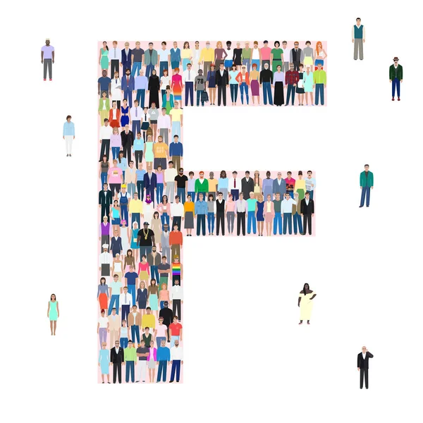 Letter F, different people, vector illustration