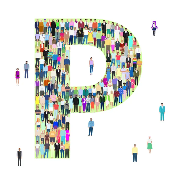 Letter P, different people, vector illustration