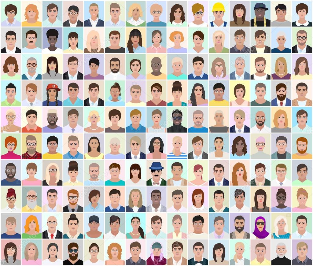 Portraits of different people, light background, vector illustra
