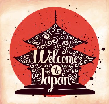 Yaşlı kağıt üzerine bir poster. Japonya'ya gezi. Bir Asya ülkesi. Vektör