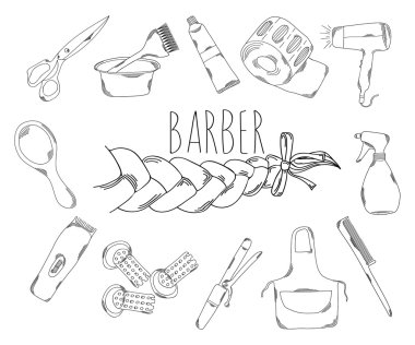 Satır simgelerin büyük koleksiyon el Kuaför mesleği için stil çizilmiş. Vektör
