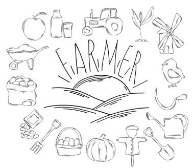 Satır simgelerin büyük koleksiyon el çiftçi ve meslek için stil çizilmiş. Vektör