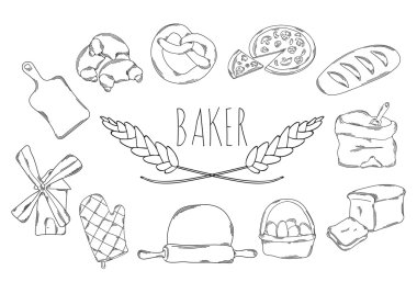 Satır simgelerin büyük koleksiyon el stil baker meslek için çizilmiş. Vektör