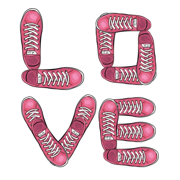 Palabras de amor. Cartel deportivo con zapatillas. Vector — Vector de stock